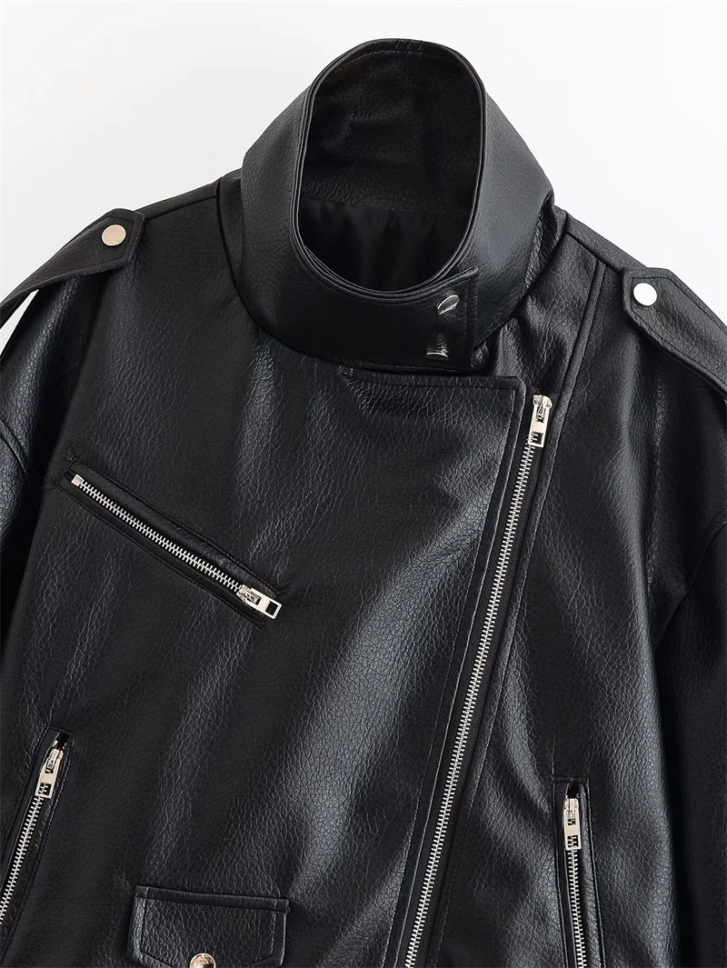 Guobioziy 2026 Fall New Arrival Women's Jacket Black Long-Sleeve Faux Leather Zipper Biker Jacket Parka Stylish and Trendy