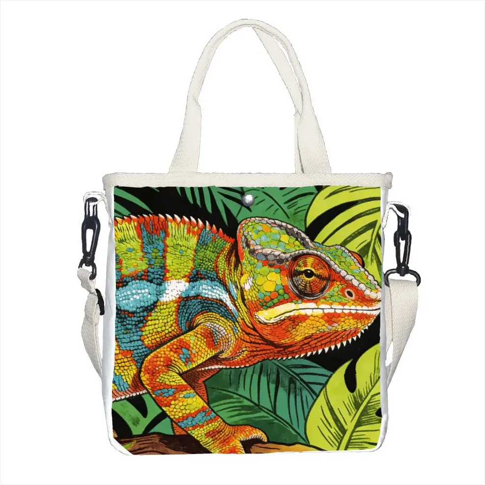 

Яркая сумка-тоут в стиле поп-арт с изображением хамелеона, сумка через плечо с регулируемым ремнем и ярким принтом рептилии