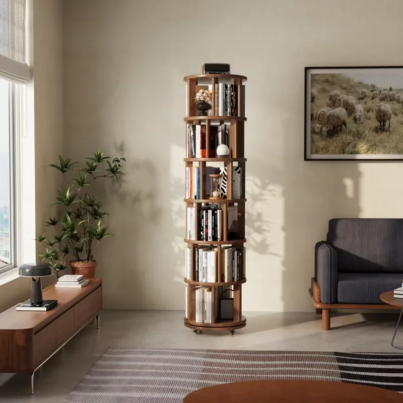 Modern American Solid Wood 6 Tier Rotating Bookshelf with Wheels Adjustable Shelves for Small Space Bedroom Office Storage