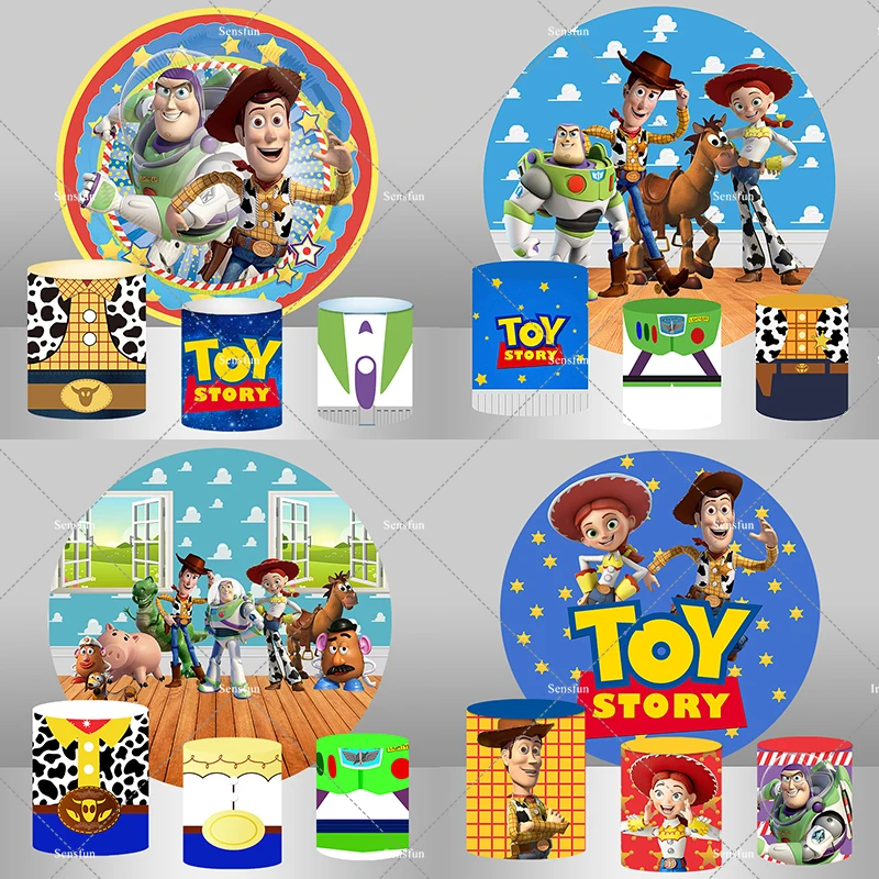 Cartoon Toy Story Round Backdrop for Photography Sky Blue Clouds Baby Shower Boys Happy Birthday Party Background Cylinder Cover