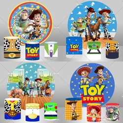 Cartoon Toy Story Round Backdrop for Photography Sky Blue Clouds Baby Shower Boys Happy Birthday Party Background Cylinder Cover