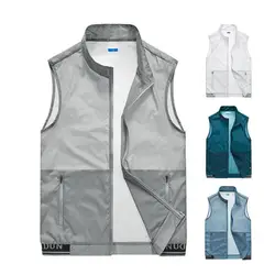 Casual Men Vest Men's Summer Stand Collar Sleeveless Mesh Outdoor Vest Coat with Zipper Placket Two Pockets Solid for Outdoor