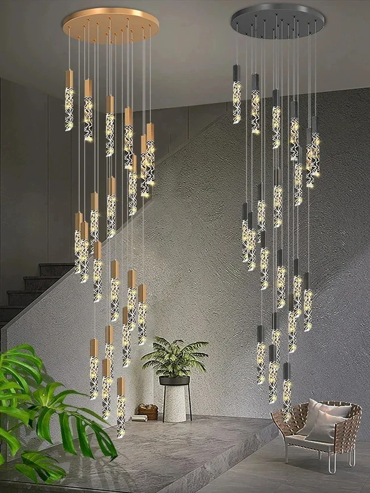 New Staircase Chandelier LED Modern Duplex Loft Spiral Long Chandelier Creative Villa Living Room Bedroom Hanging Crystal Light