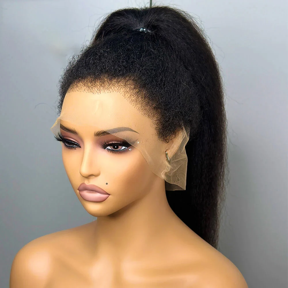 

Long Glueless Soft Yaki Natural Black 30Inch 180Density Kinky Straight Lace Front Wig For Women Synthetic Baby Hair Preplucked