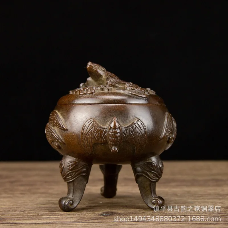 Pure Antique Three-Legged Wanfu Bat-Shaped Incense Burner Ornament Office Living Room Copper Decoration