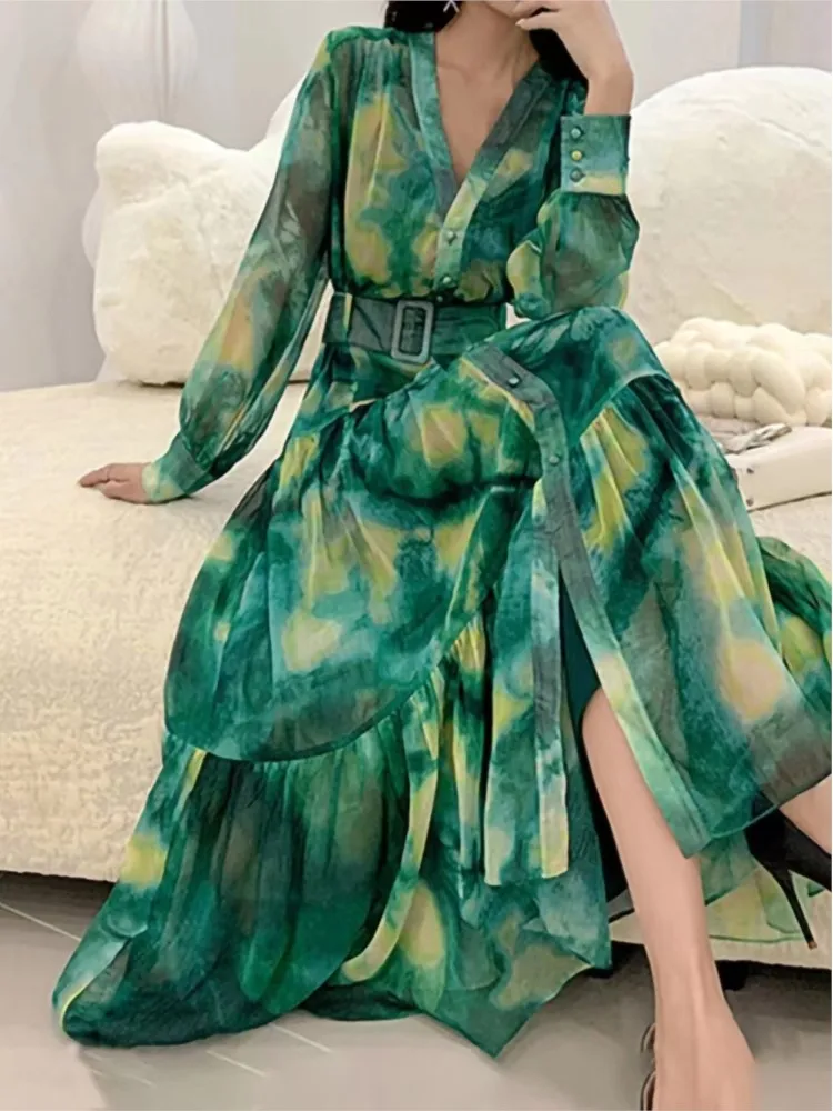 

Women Fashion Single Breasted V Neck Long Dress With Belt Summer Autumn Elegant Print A-Line Robe Female Holiday Clothes