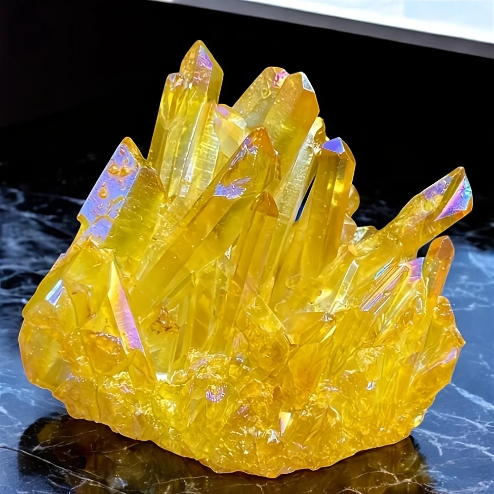 

1 piece of halo yellow crystal cluster - irregularly shaped electroplated stone, vibrant yellow translucent crystal home decor.