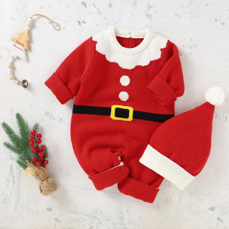 0 to 18 Months Christmas Baby Girl Boy Knitted Romper Xmas Long Sleeve Round Neck Back Buttons Jumpsuit Baby Clothing