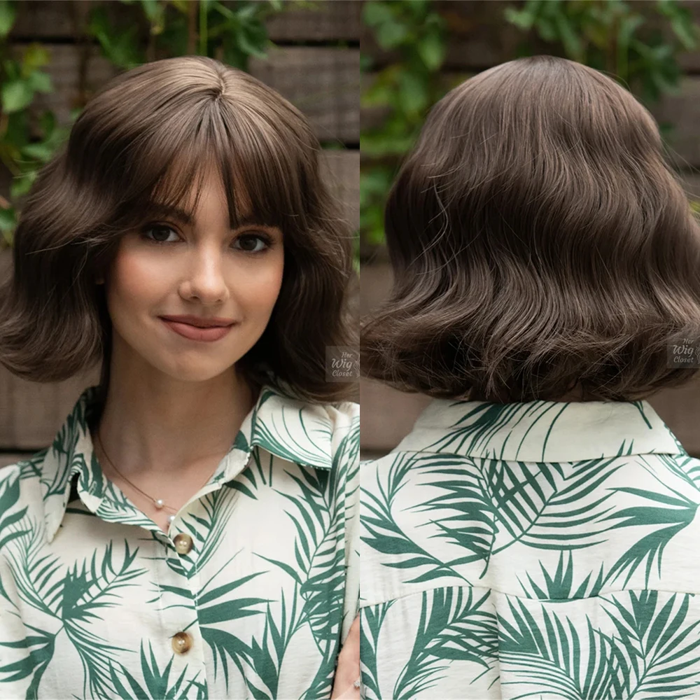 

Ash Brown Brunette Short Wig with Bangs Dark Brown Wig Cute French Bob Wig Short Wavy Wigs Her Wig Heat-resistant Synthetic Fibe