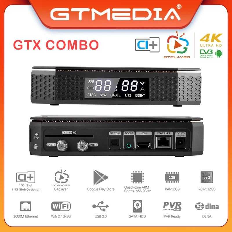 2023 nuovo Gtmedia Gtx Combo Tv satellitare Box 4K 8K H265 Main10 Decoder DVB-S2/T2/C 2G + 32G, supporto CA & CI Plus1.4, SATA-HDD, BT4.1