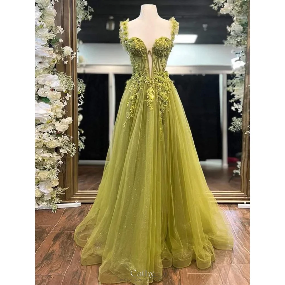 

Cathy индивидуальное зеленое изысканное платье трапециевидной формы для выпускного вечера с цветочными бретелями и v-образным вырезом, платья de noiva, вечерние платья длиной до пола