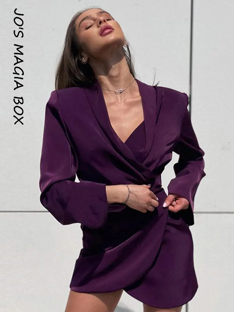 Jo\'s Magia Box Y2K Satin Long Sleeve Bandage Summer Dresses Woman 2022 Solid Shoulder Pads Casual Party Elegant Woman Mini Dress