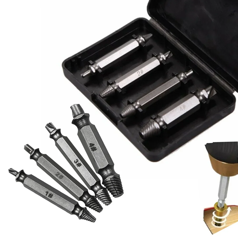 4PC Damaged Screw Extractor Drill Bits Double-Headed Damaged Screw Extractor Set Bolt Bits Guide Tool Remover Tools