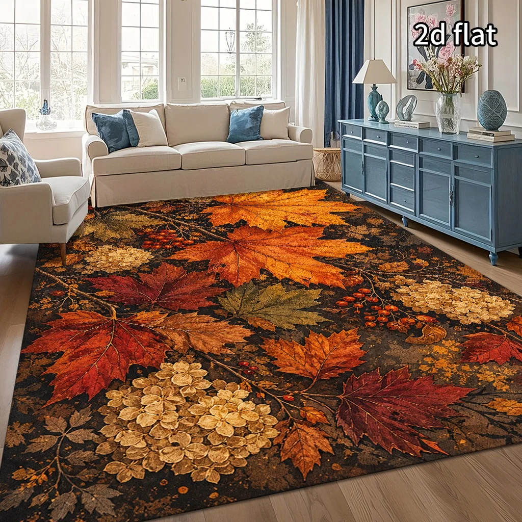 Autumn Maple Leaf Harvest Rectangle Area Rug,Berry Hydrangea Fall Printed Floor Carpet,Warm Seasonal Living Room Decor