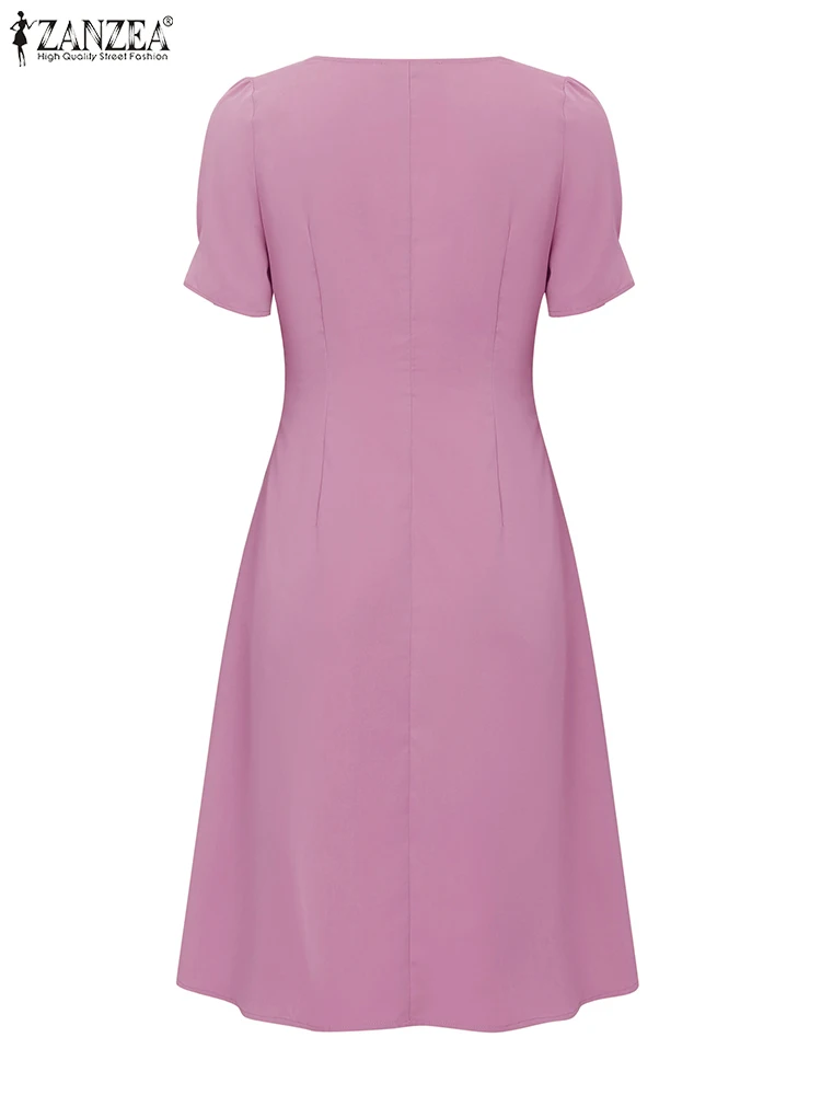 ZANZEA Elegant A-Line Dresses Woman Square Neck Short Puff Sleeve Layered Trim Knee-Length Robes Femme Summer Office Vestidos