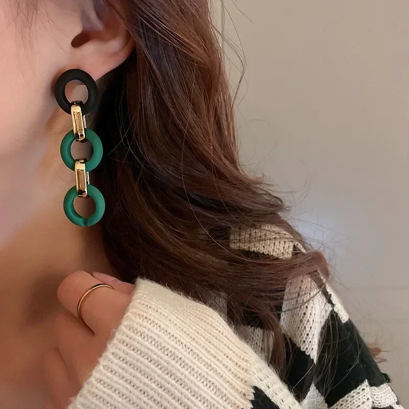 Green Color Big Geometric Earrings Korean Long Acrylic Square Round Earrings Vintage Dangle Drop Earrings Gifts for Women