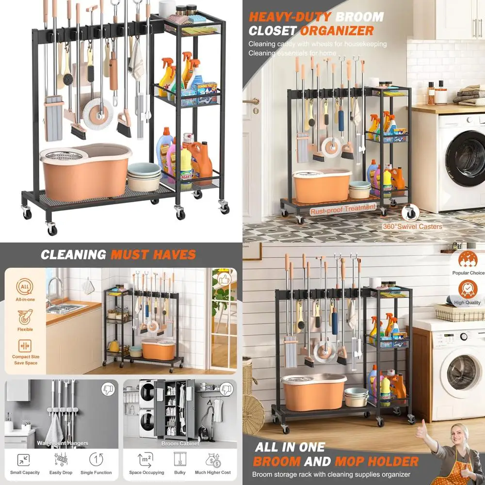

Compact Storage Cabinet for Cleaning Tools with Mop and Broom Organizer, Ideal for Home and Janitorial Use