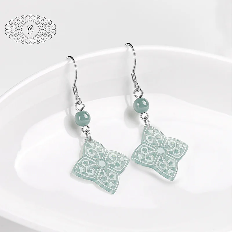 

Natural Blue Water Jadeite Openwork Drop Earrings, Exquisite Hollow-Carved Floral Design with Dangling Bead Accent