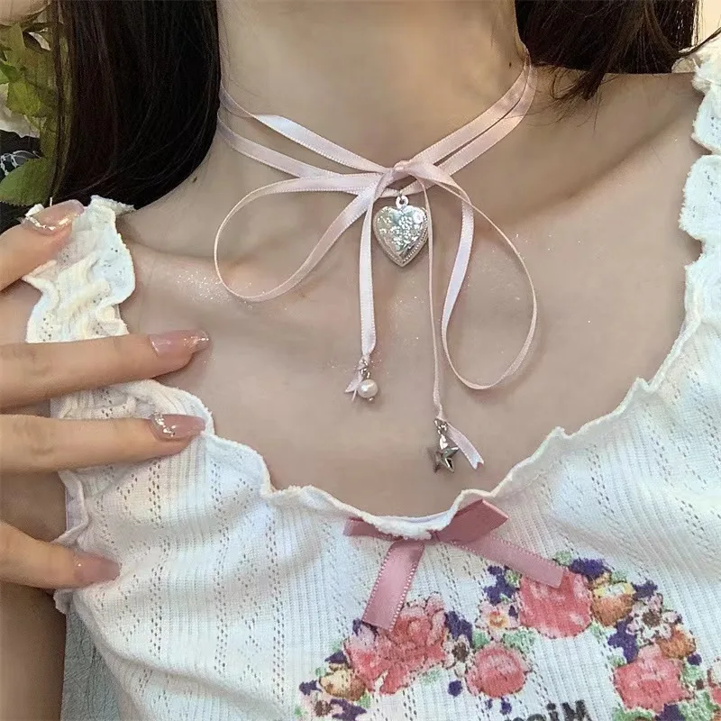 Summer New For Women Pink Ribbon Heart Shaped Stacked Decoration Light Luxury Niche Clavicle Necklace Necklace Jewelry Gif