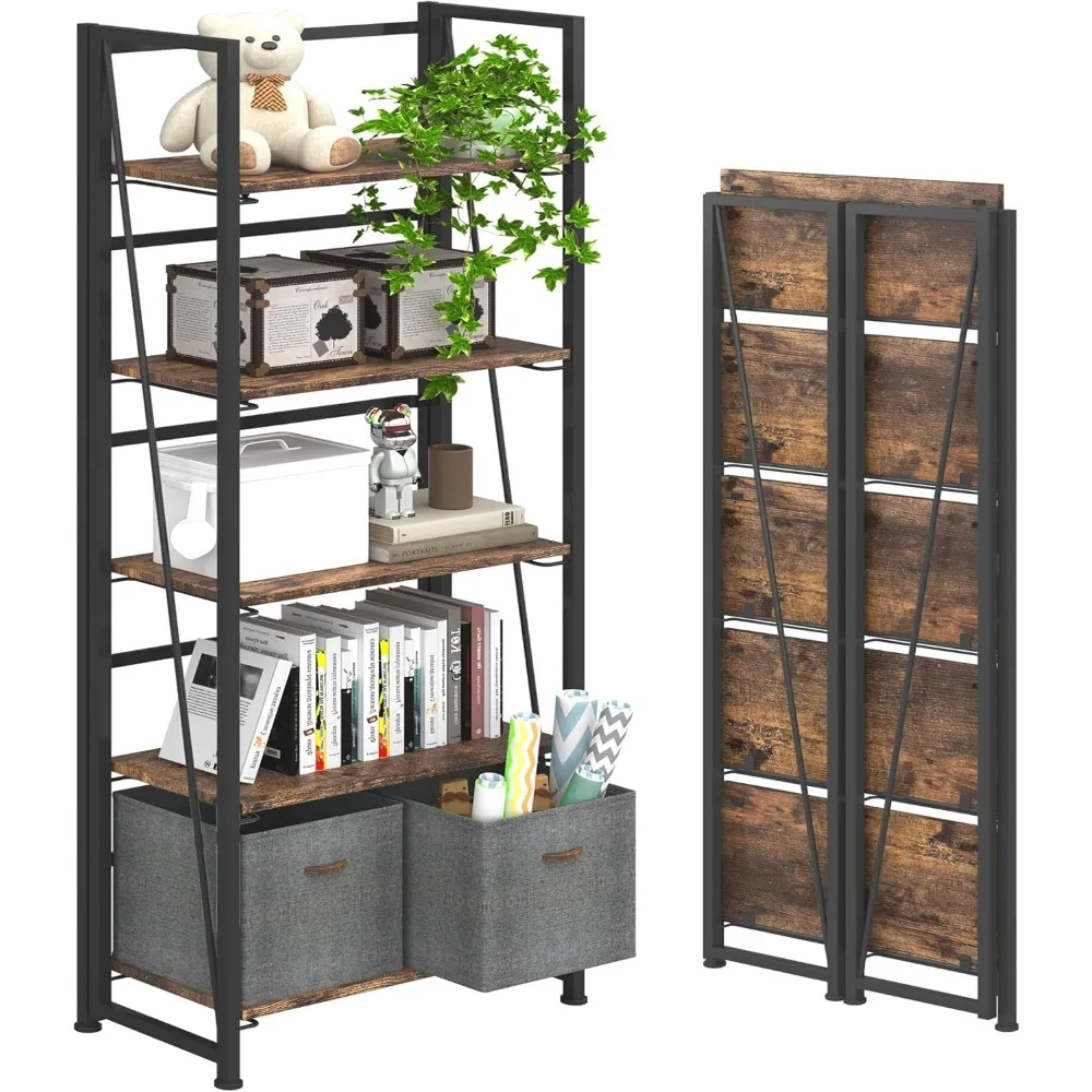 

No-Assembly Folding Bookshelf Storage Shelves 5 Tiers Vintage Bookcase Standing Racks Study Organizer Home Office (Rustic Brown