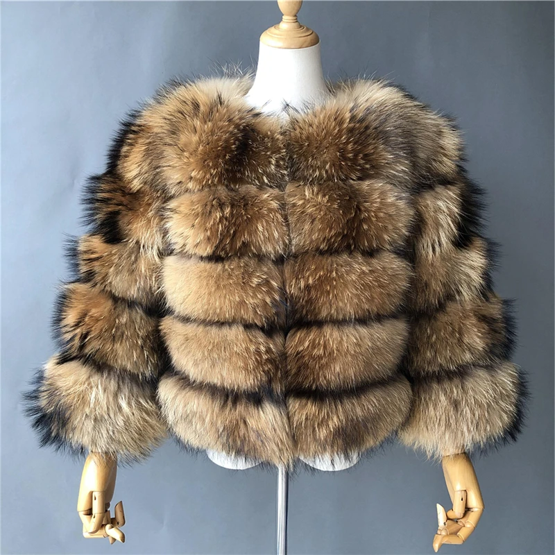 Free Shipping Fluffy Natural Color Raccoon Fur Coat Women slim fit Jacket