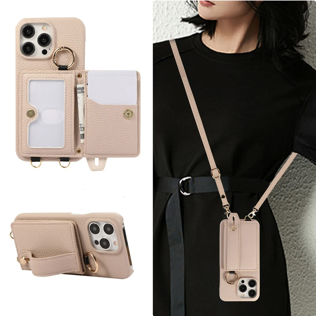 Luxury Shoulder Leather Wallet Card Pocket Case For iPhone 11 12 13 14 15 16 Pro Max Plus Phone Bag Cover With Ring Wrist Strap