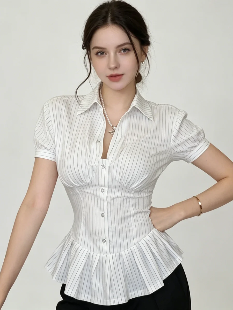 

PUAL Women's Short Sleeve Striped Shirt Turn Down Collar Fitted Peplum Top