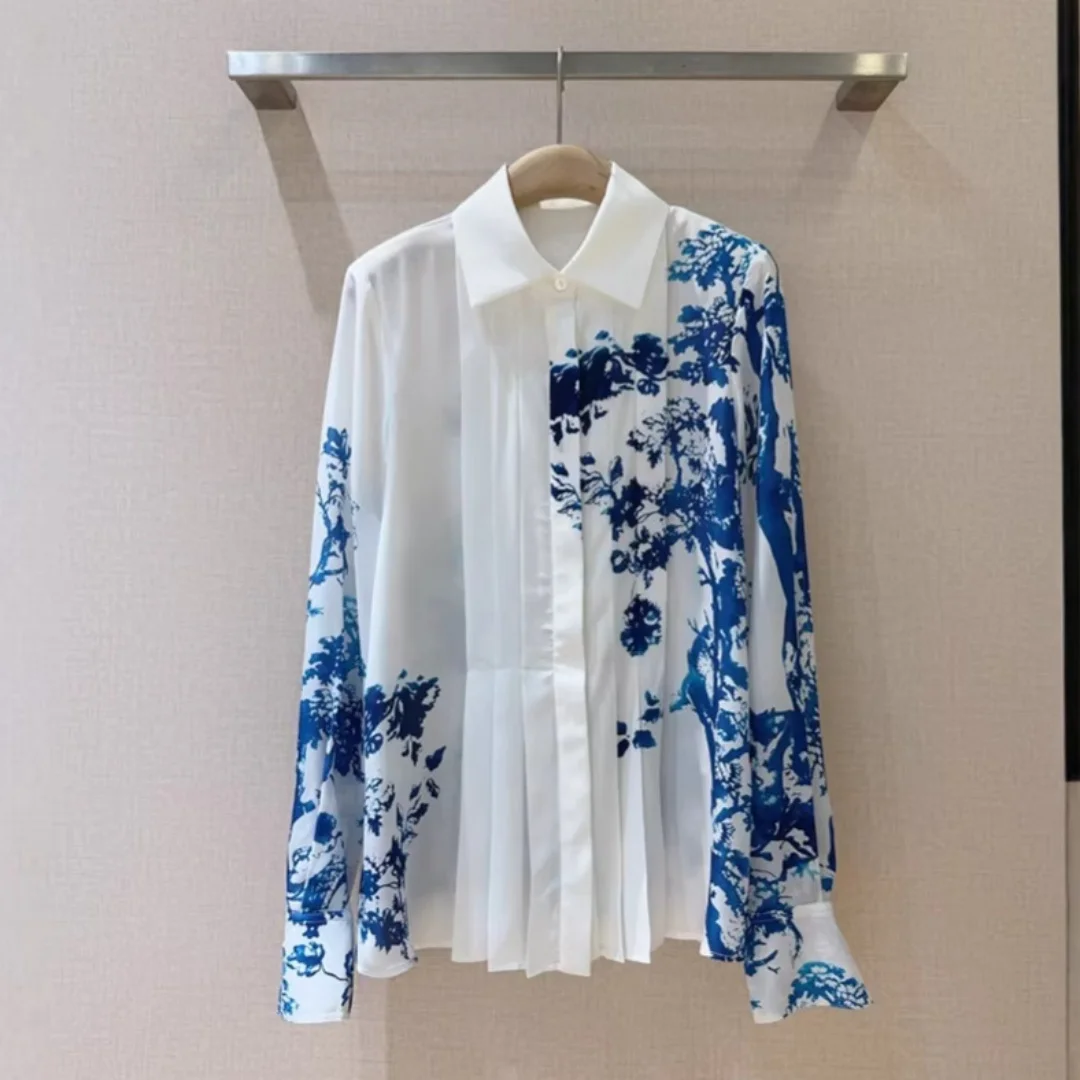 Women's Summer Asymmetric Blue and White Porcelain Pleated Blouse