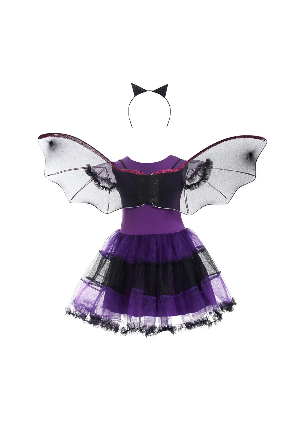 Girls Halloween Vampire Bat Costume Dress with Wings Mask Pumpkin Bucket Accessories Set Kids Purple Witch Cosplay Party Outfit view 2