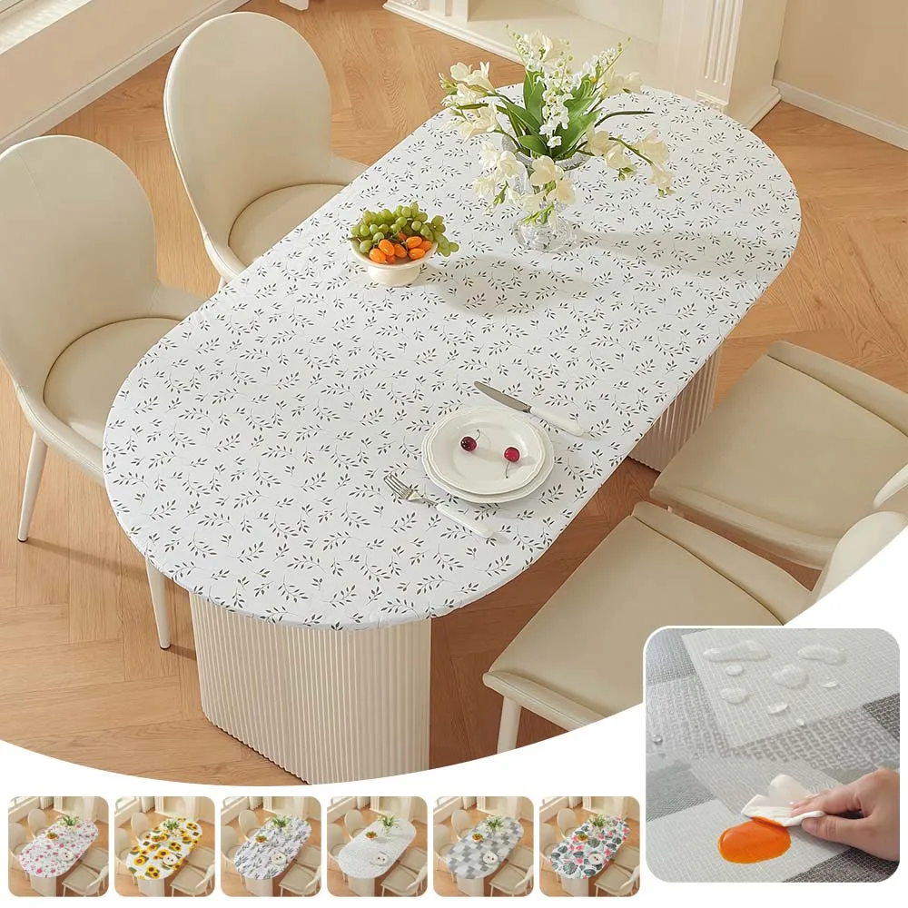 

3D Printed Flower Oval Tableclothes PVC Waterproof Oil-Proof Fitted Table Protector with Elastic Edge for Dining Picnic Скатерть
