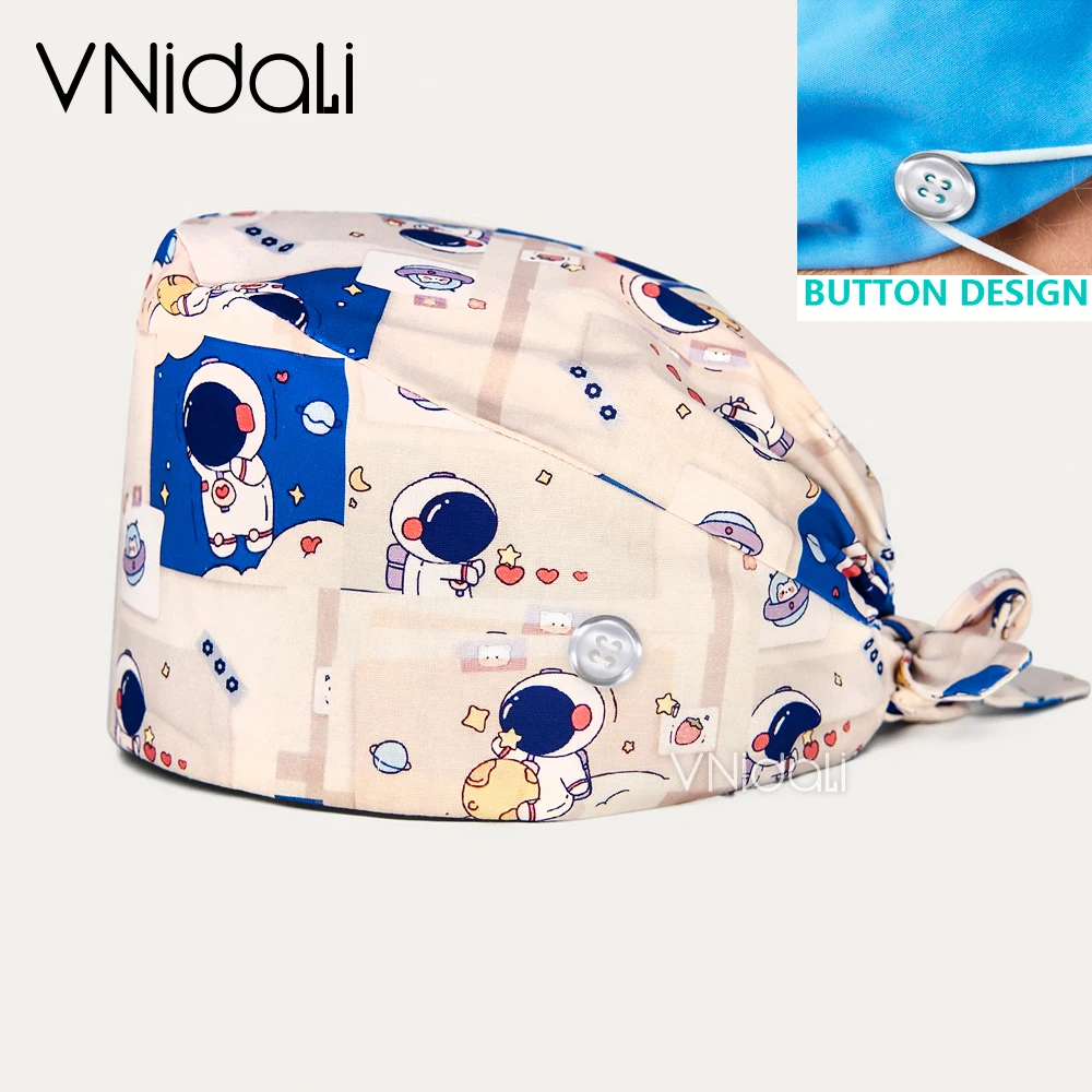 Berretto chirurgico con stampa di cartoni animati di alta qualità 100% cotone infermiera medico berretto per allattamento con bottoni scrub cappelli operatina sposo scrub Cap