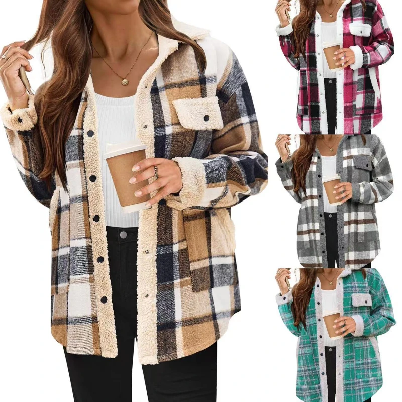 

Coat Women Coats Turn Down Collar Full Sleeve Jackets Single Breasted Plaid Jacket Spring Thick Open Stitch Autumn Winter Jacket