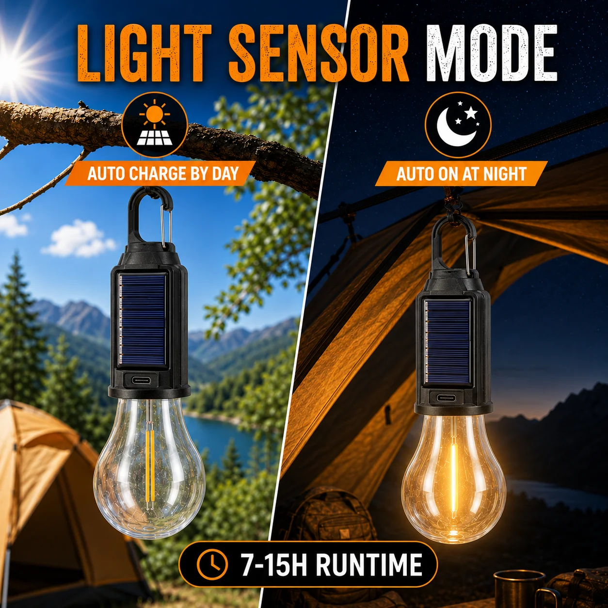 Solar Camping Light Bulb USB Rechargeable Hanging Lantern Waterproof Outdoor Tent Lamp for Camping BBQ Garden Patio Decoration