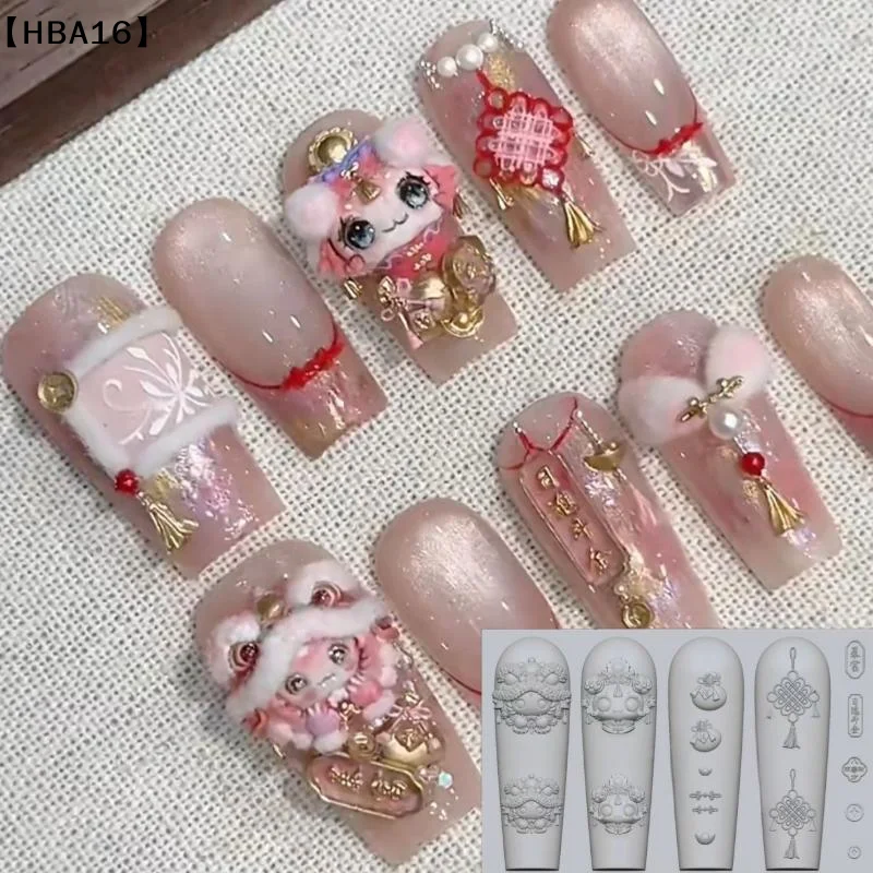〔HBA16〕Chinese Style Lion Dance Silicone Nail Mold Retro Egypt Nails Templates DIY Nail Art Decoration Manicure Design Tools
