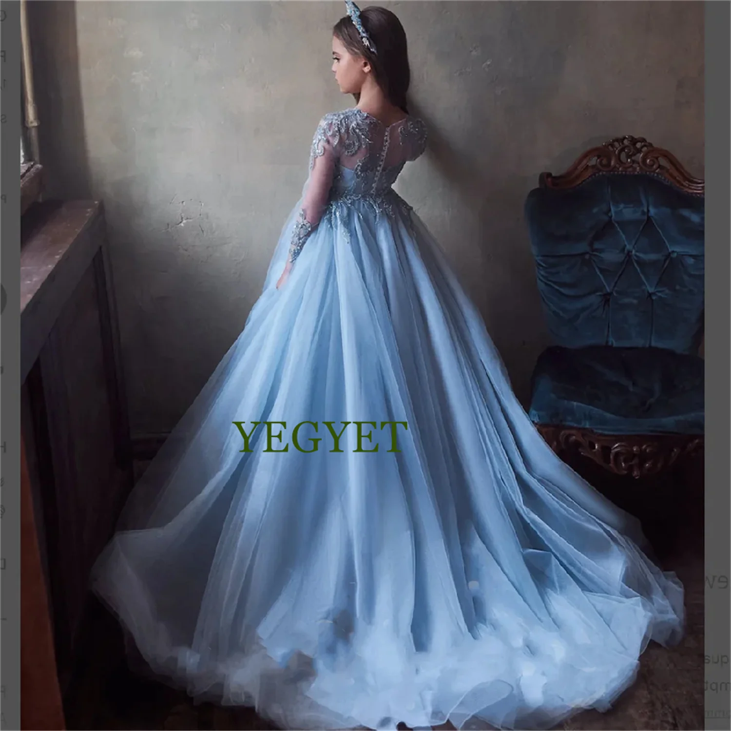 

Blue Flower Girl Dress Long Princess Wedding Birthday Fashion Baby Communion Baptism Party Dresses and Events Summertim