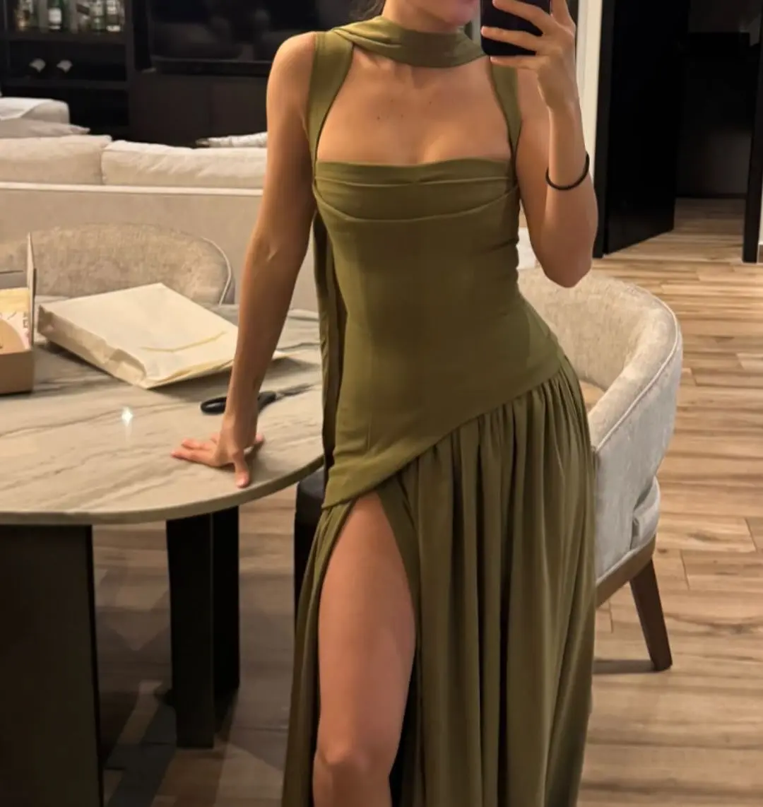 Suninheart Green Dress Women's Evening Dress with Scarf - Lace Up Back High Slit Party Maxi Bodycon Dress for Vacation Wedding