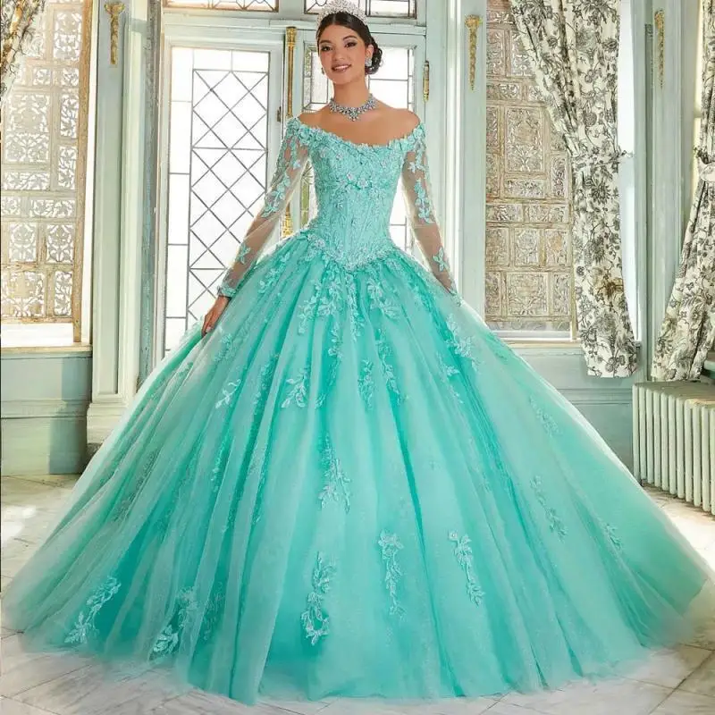 

Long Sleeves Aqua Three Dimensional Lace Quinceañera Dress Vestidos De 15 Quinceañera Fiesta Ball Gown Sweet 16 Dress