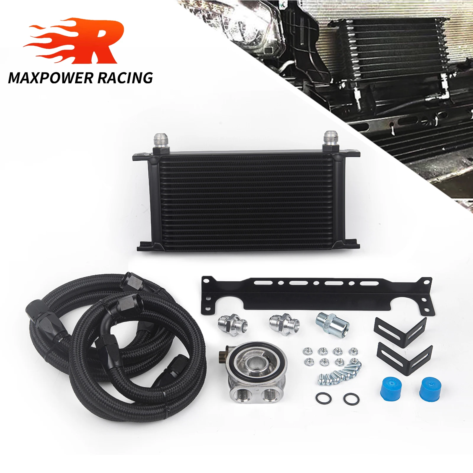 

19 Rows Oil Cooler Kit + Thermostat Oil Filter Sandwich Adapter+Nylon Steel Braided Hose+Mounting Bracket
