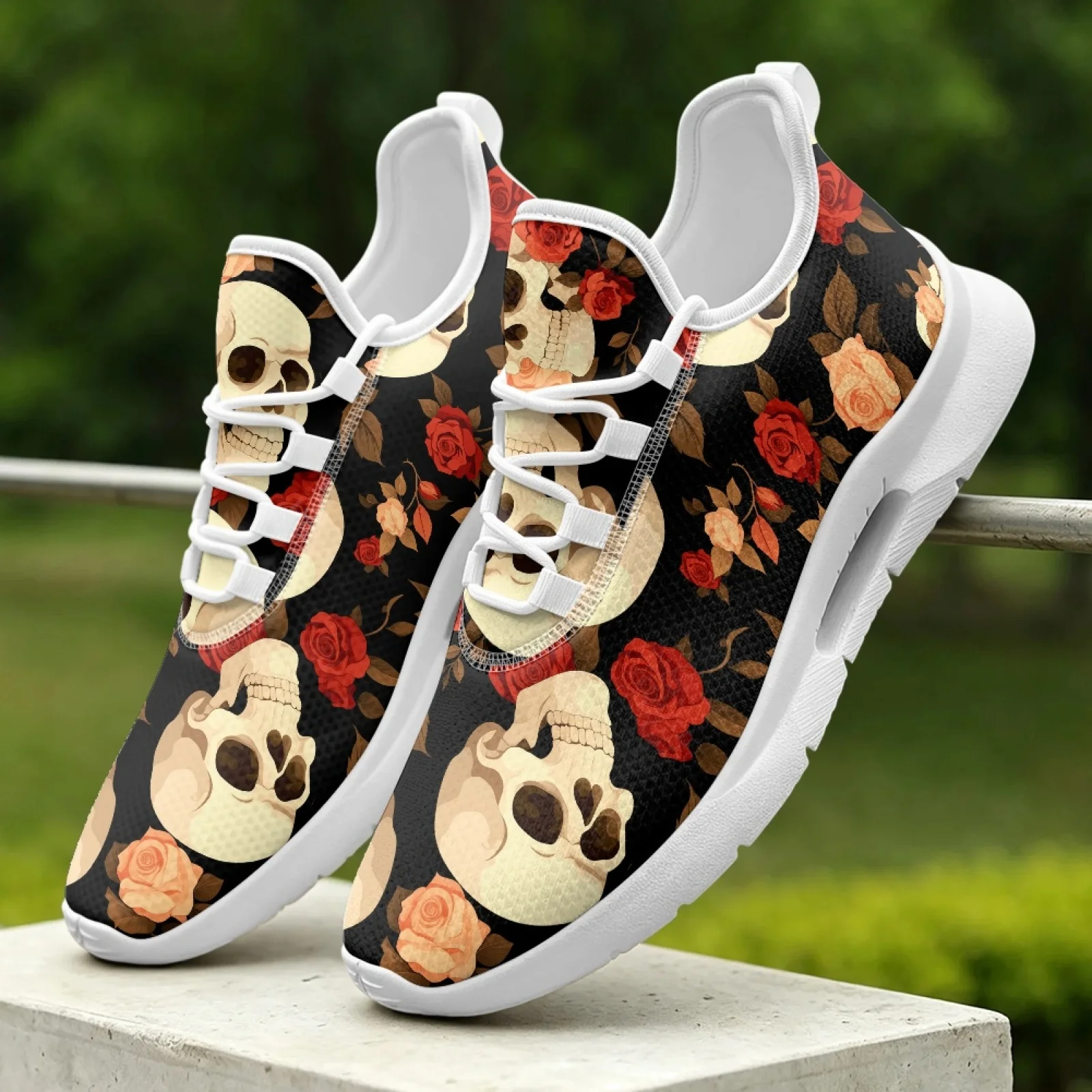 XIXIRIMIDO Lace-up Casual Shoes Mens Sneakers Comfortable Mesh Breathable Walking Shoes Women's Lightweight Sneaker Rose Skull