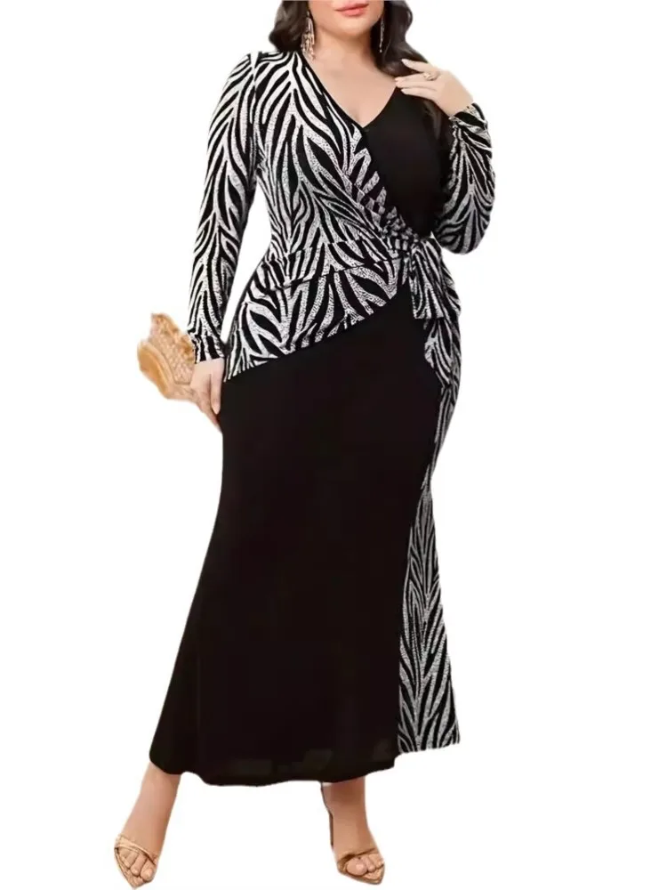 Plus Size Herbst langes Kleid Frauen elegante Mode gestreifte unregelmäßige Patchwork Damen kleider Rüschen plissierte Frau V-Ausschnitt Kleid