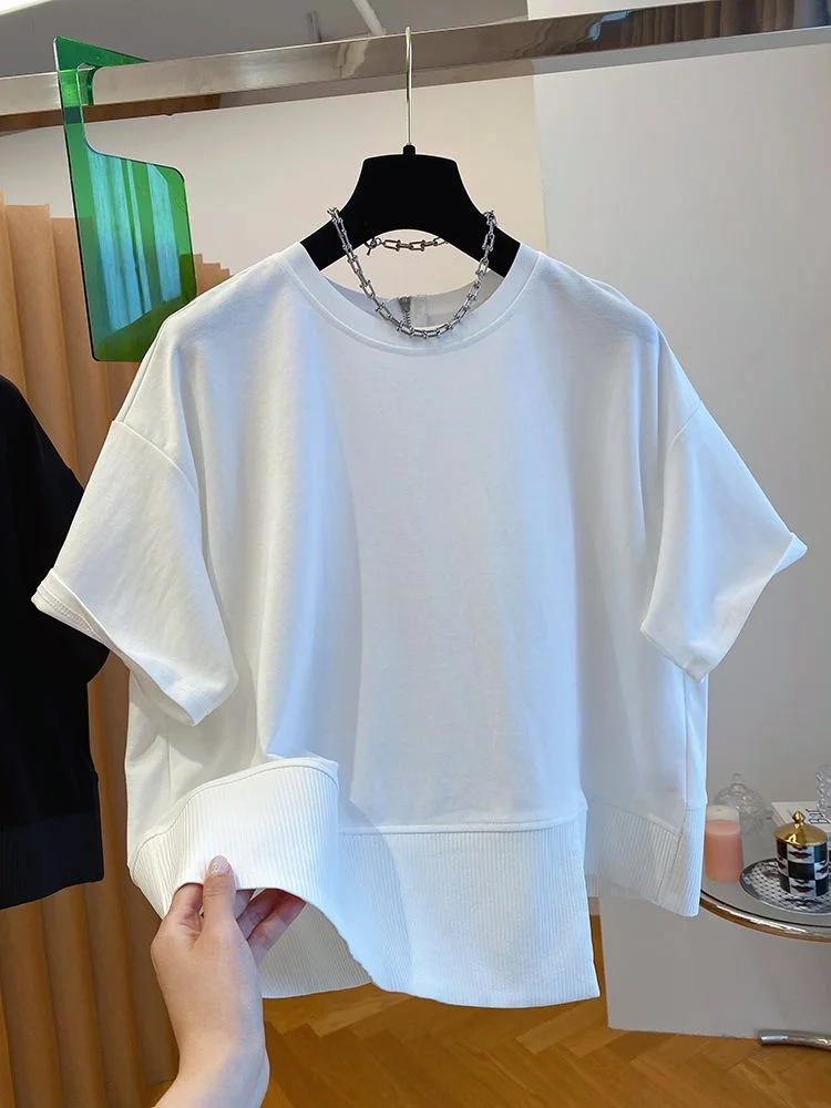 เสื้อยืดผู้หญิงไซส์ใหญ่ ทรงหลวม คอกลม แขนสั้น ดีไซน์ไม่สมมาตร ตัดต่อผ้า สไตล์ลำลอง แฟชั่นเกาหลี ใส่เป็นเสื้อตัวในได้