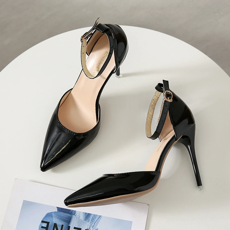 Patent Leather Women Ankle Strap D'orsay Stiletto Pumps Pointed Toe Sexy High Heel Shoes 12cm Customize