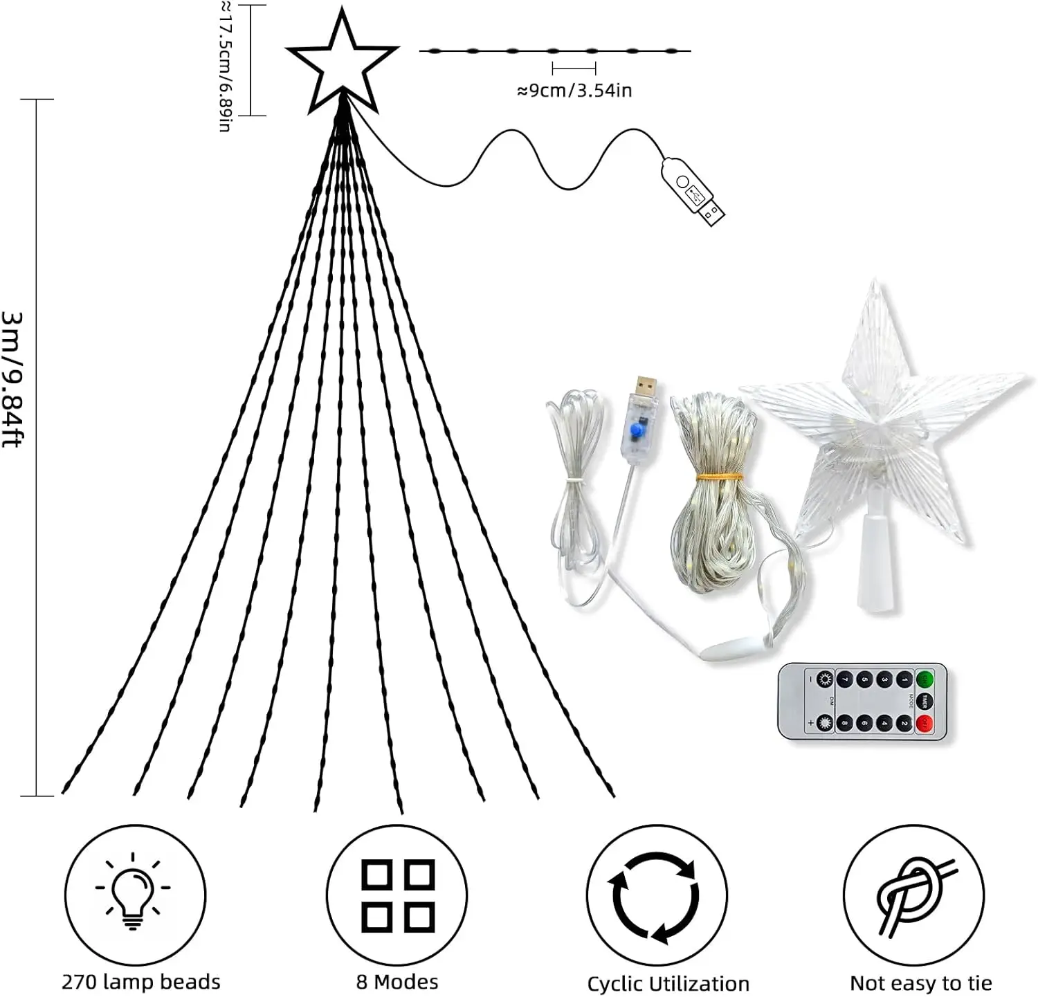 شجرة عيد الميلاد أضواء الشلال 198 المصابيح 2 متر USB سلسلة ضوء مع توبر ستار أضواء الجنية مقاوم للماء 8 طرق لديكور الزفاف #3