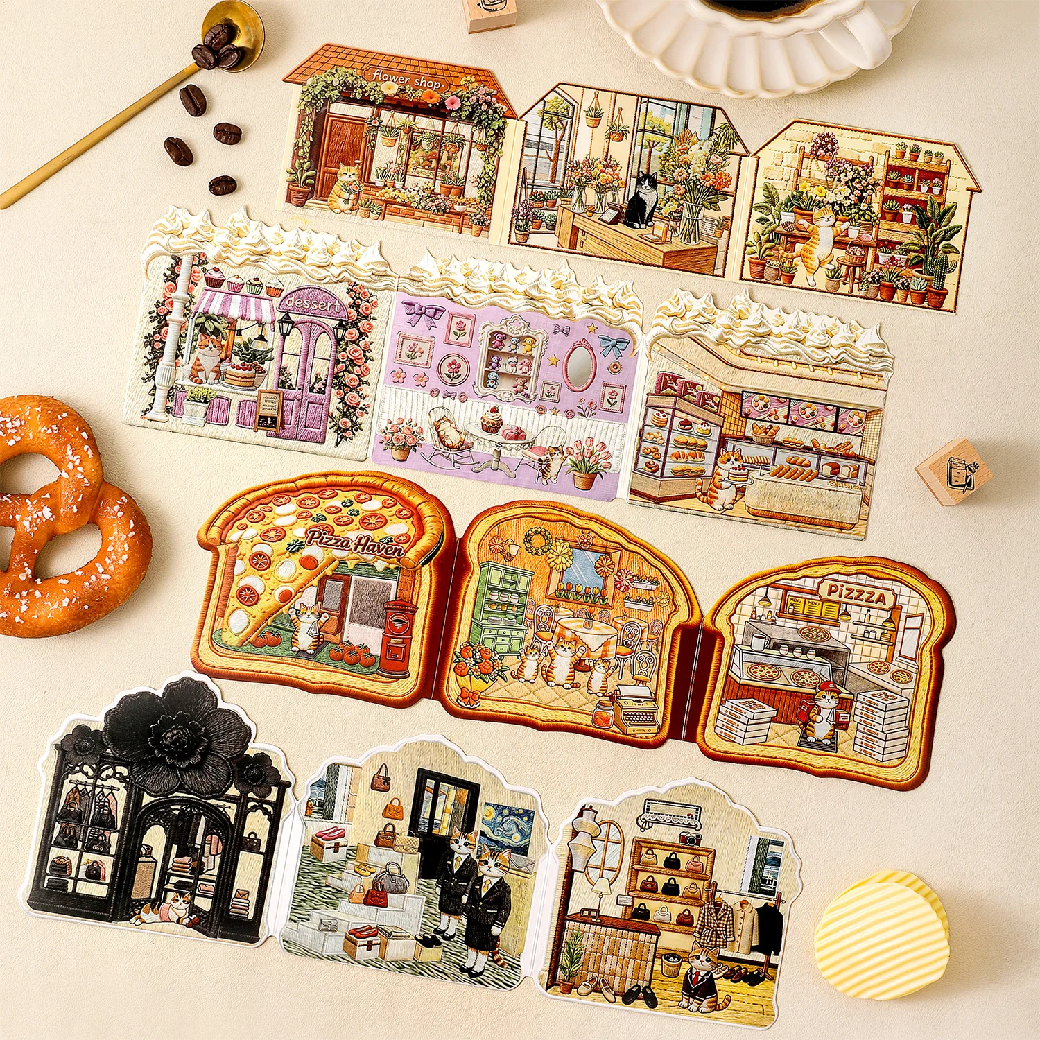 Warm Tiny Store Transparent PET Stickers 4 Sheets, Pizza Dessert Clothing Shop Micro Scene Stickers for Hand Account DIY