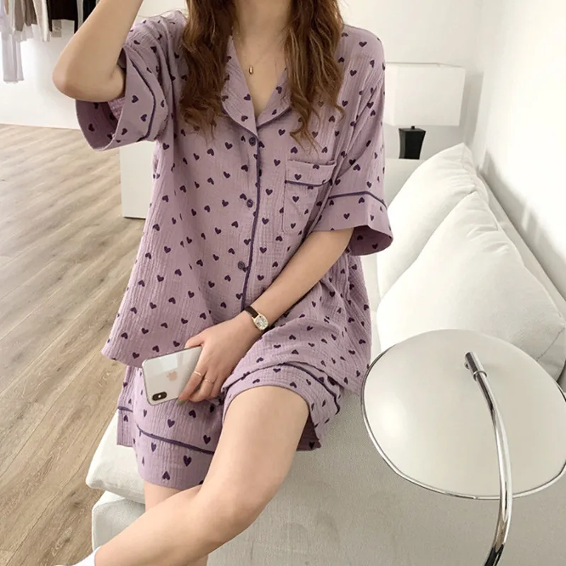 

Women's Summer Homewear Set Girl's Floral Bubble Cotton Pajamas Cardigan Turn-Down Collar Princess Style Short Sleeve Shorts