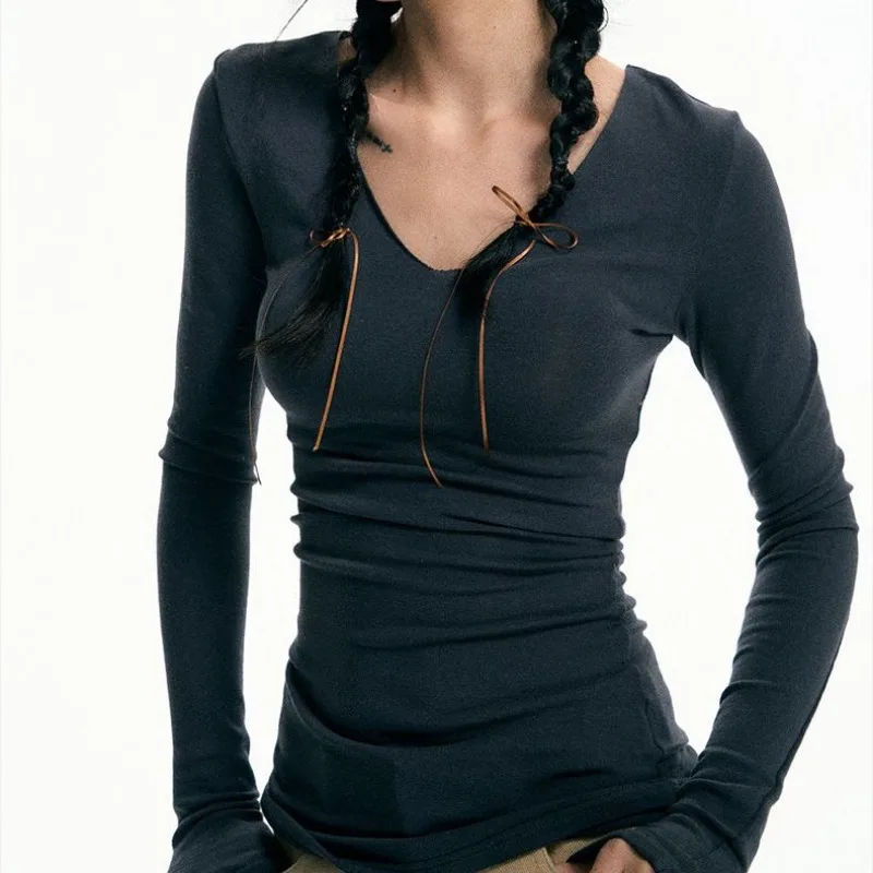 

New Multi-color V-neck Solid Color Bottoming Long-sleeved Off-shoulder Autumn and Winter T-shirt Top