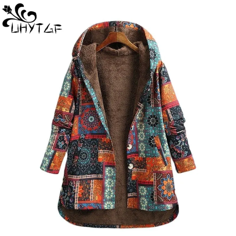 

UHYTGF Jacket Women Long Sleeve Flower Print Plush Warm Vintage 5XL Large Size Outewear Ladies Mid-Length Autumn Coat Female2274