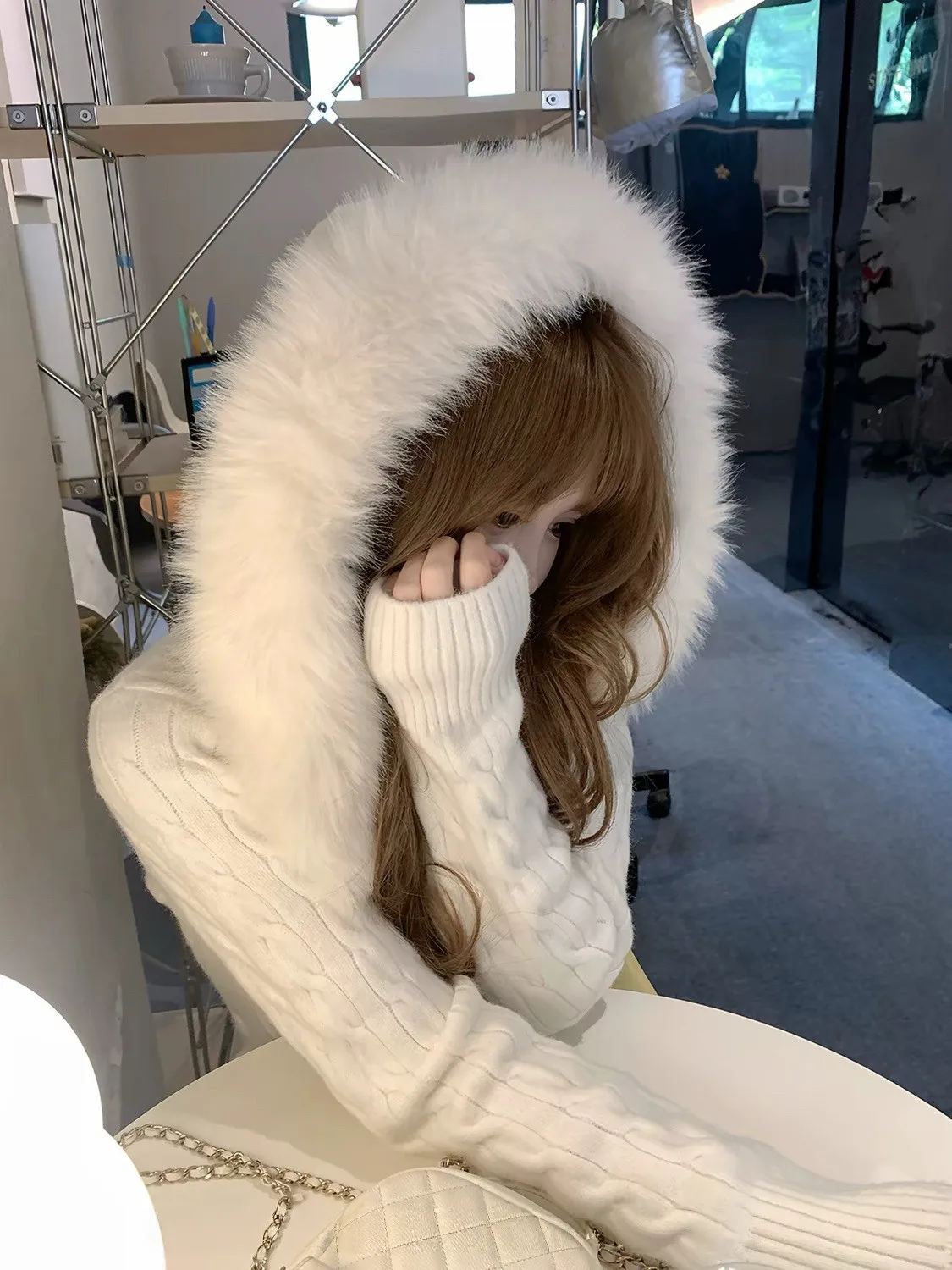 Korean Sweet big Wool Collar Sweater Coat Autumn/Winter 2026 New Style Waistband Slim Fitting Solid Color Knitting Cardigan Top