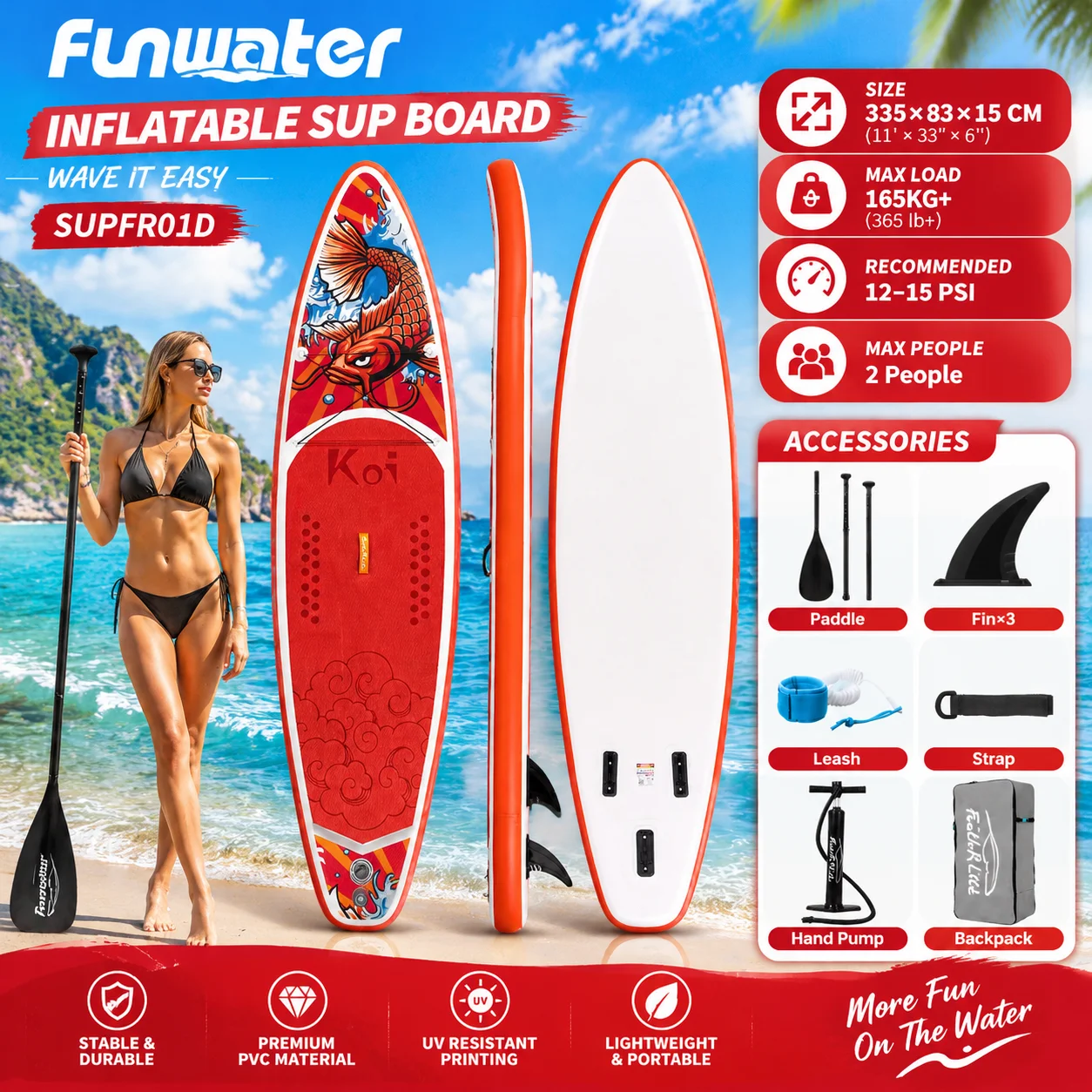 Funwater Sup Schwimmendes Kajakboard 335X83X15Cm, 165kg Kapazität, Inklusive 6 Zubehörteilen & Regenbogen, für Alle Wassersportarten