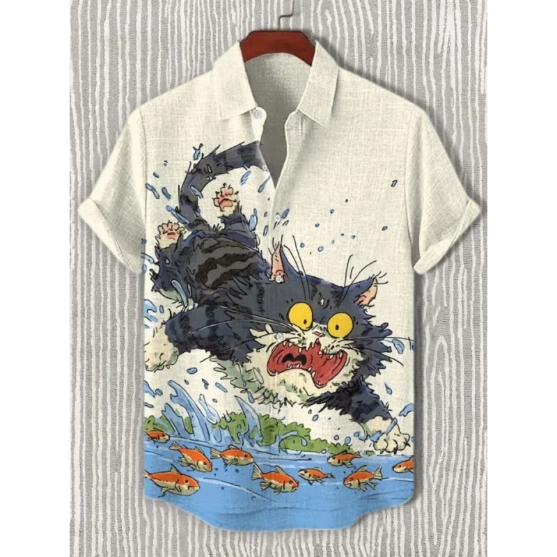 Loose Breathable Button Up Shirt For Men Daily Holiday Outfit, Hand Drawn Tabby Cat Stream Goldfish Pattern